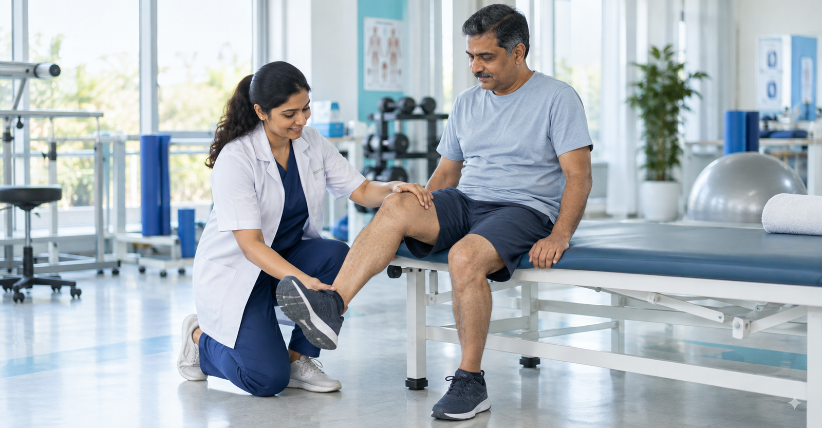 Physiotherapist assisting a patient with knee mobility exercises