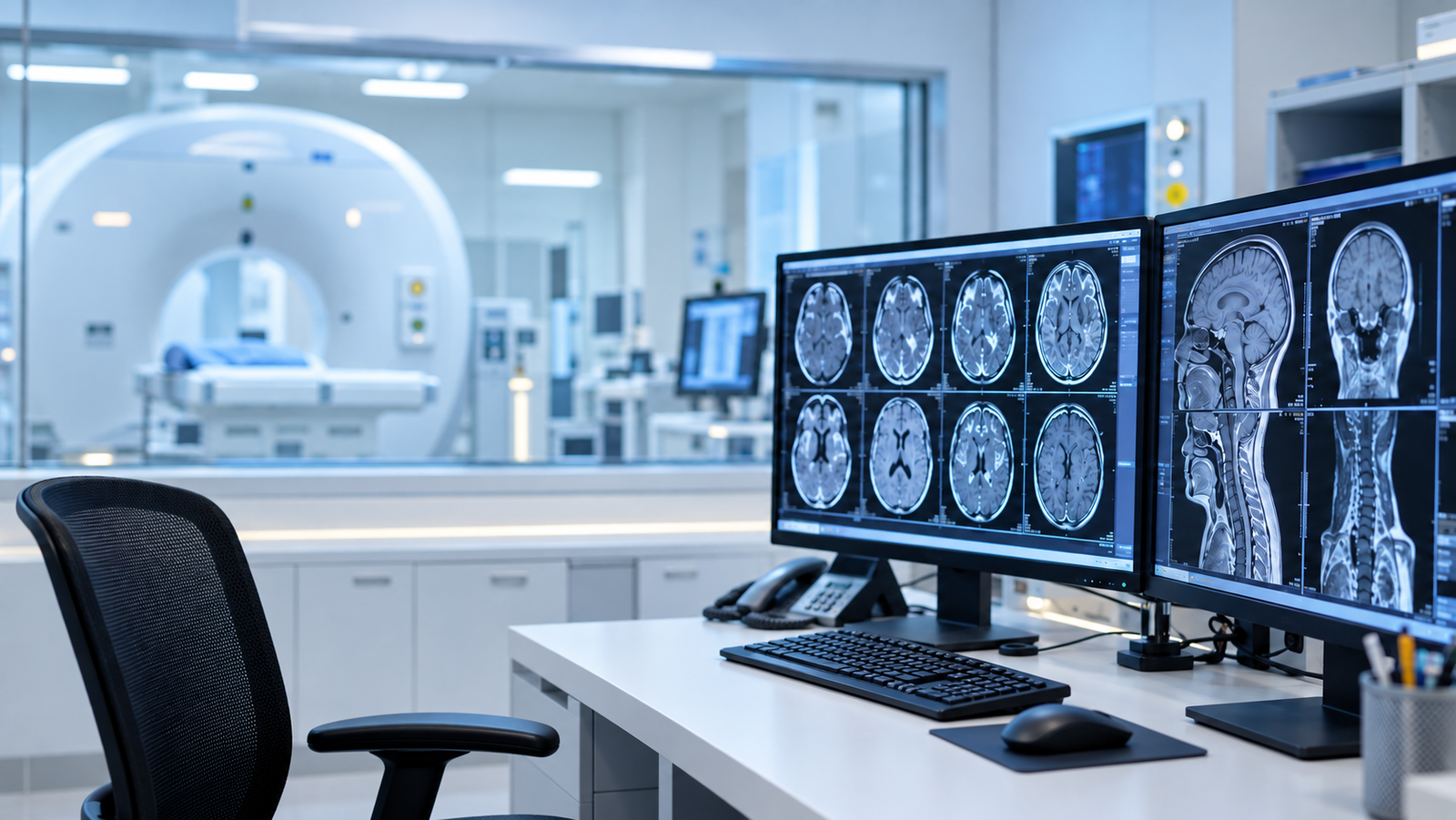 Radiology workstation displaying diagnostic MRI scans